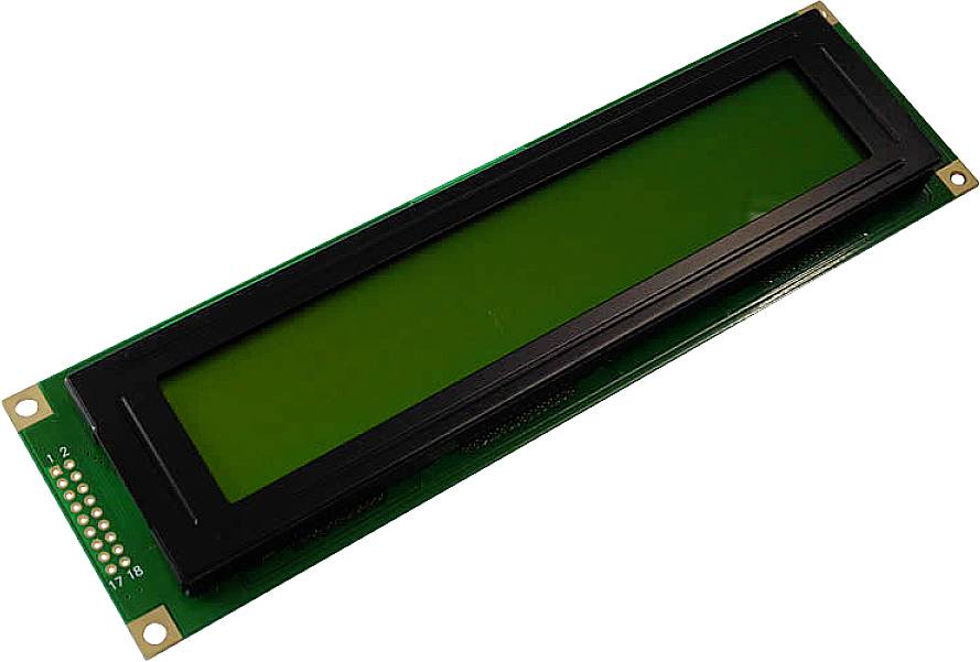 Zelený LCD displej na černém rámu. Obdélníkový tvar, vhodný pro elektronické aplikace k zobrazování informací.