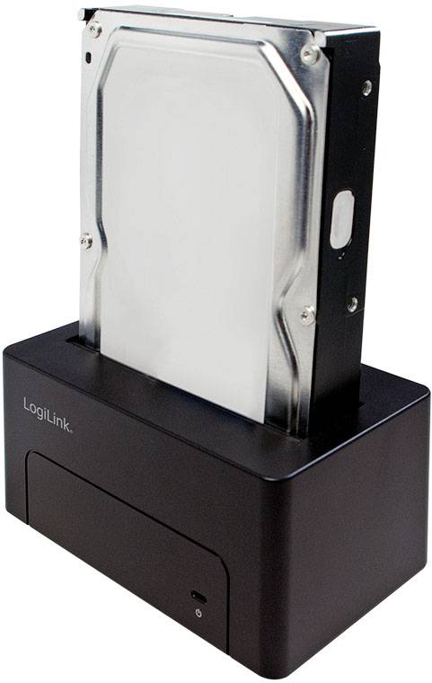 Dokovací stanice pro externí pevné disky od společnosti LogiLink s vloženým interním diskem, vhodná pro USB připojení k ukládání dat.