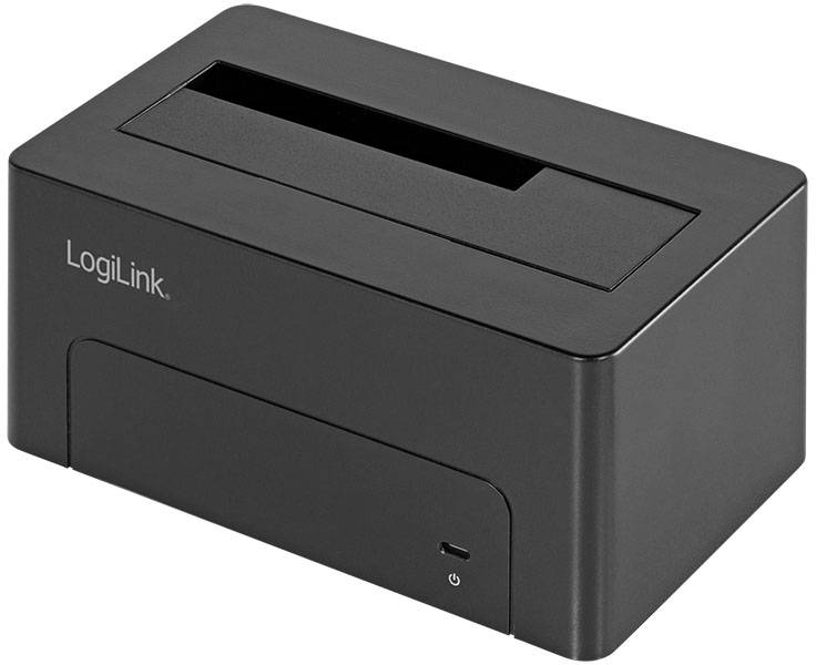 Černá dokovací stanice na pevné disky od LogiLinku, vhodná pro připojení a čtení interních pevných disků přes USB.