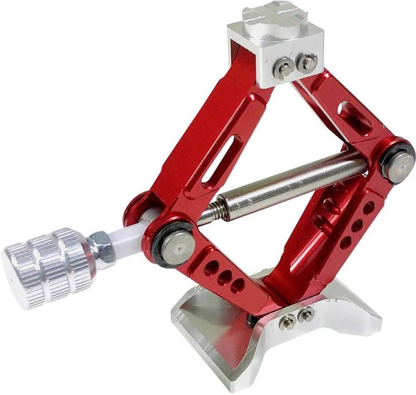 Červený a stříbrný kovový stojan s nastavitelným mechanismem, pravděpodobně určený pro stabilizaci zařízení nebo nástroje.