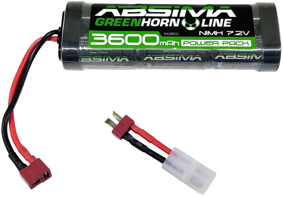 Akumulátor ABSIMA Green Horn Line 3600 mAh NiMH 7.2V Power Pack s červenými a černými vodiči a T-konektorem.
