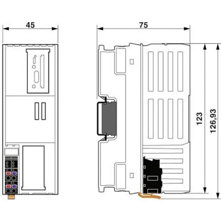 Diagram elektronického zařízení s rozměry: šířka 45 mm, 75 mm; výška 123 mm, 126,93 mm. Zobrazuje přední a boční pohled.