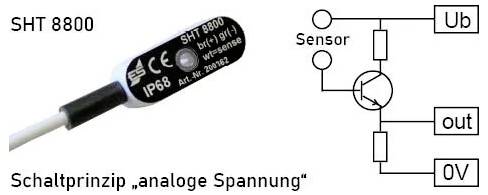 Senzor (SHT 8800) s diagramem spínacího principu: Senzor je připojen k Ub, out a 0V, zobrazuje analogové napěťové řízení.