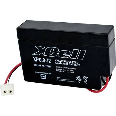 Černý olověný akumulátor s nápisem 'xCell XP 0.8-12', napětí 12V. Obsahuje symboly pro recyklaci a výstražné štítky.
