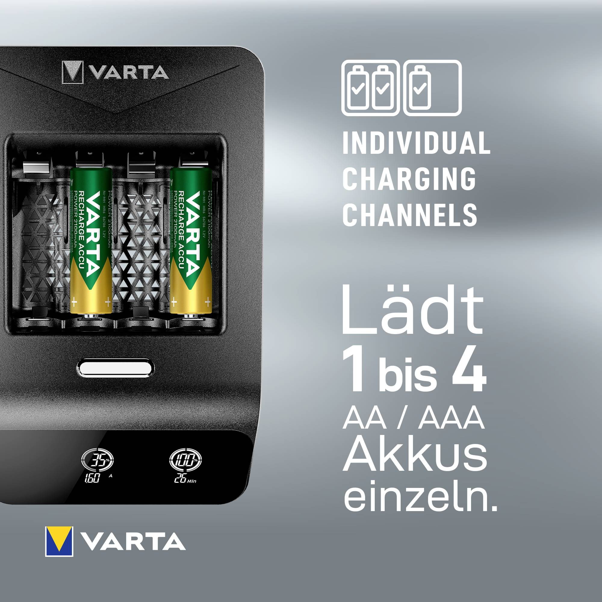 Nabíječka VARTA zobrazuje čtyři nabíjecí baterie AA vedle sebe. Text 'Individuální nabíjecí místa, nabíjí 1 až 4 akumulátory AA/AAA jednotlivě.'