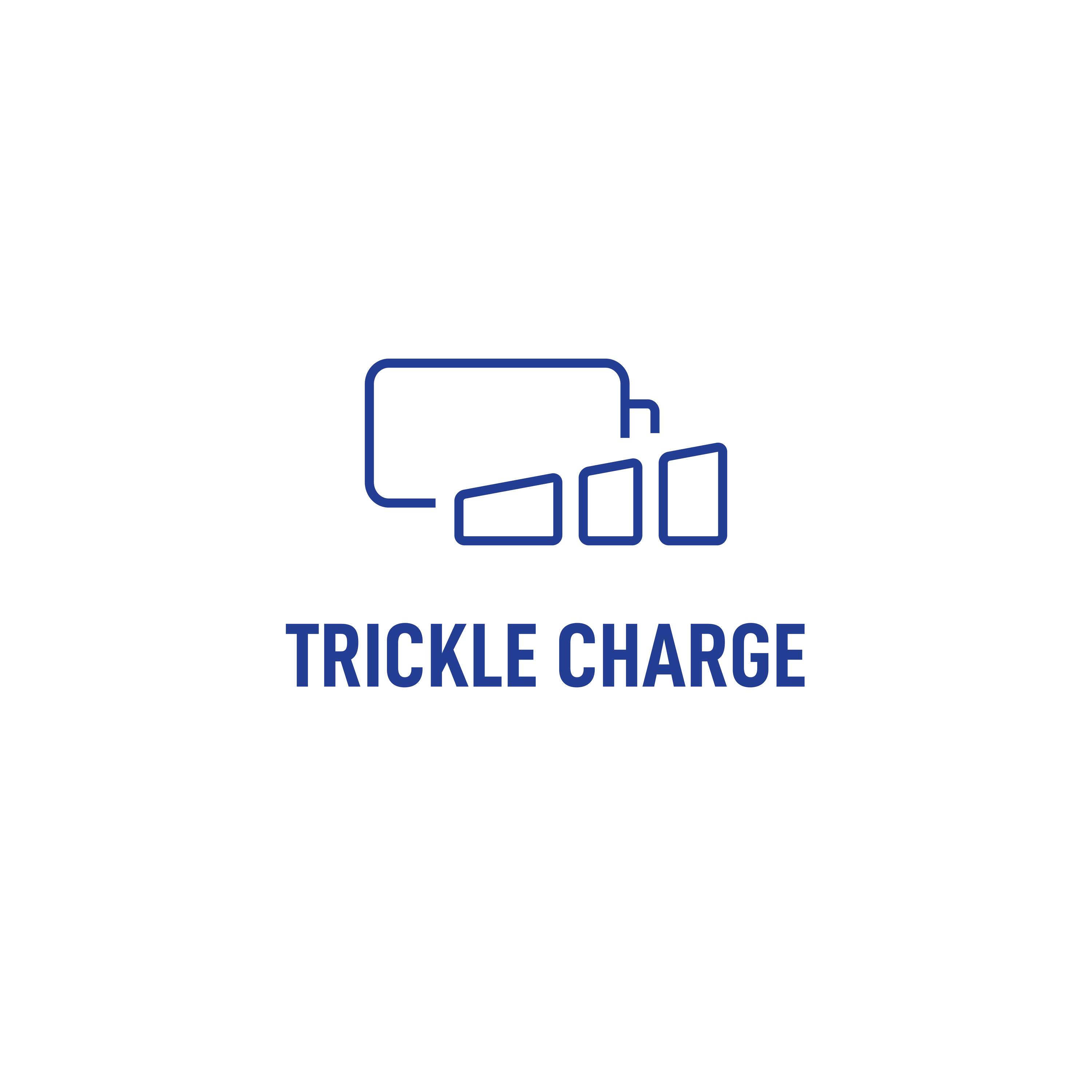 Obrázek zobrazuje ikonu baterie se vzrůstajícími pruhy a text 'Trickle Charge' pod ní, což naznačuje pomalý proces nabíjení.