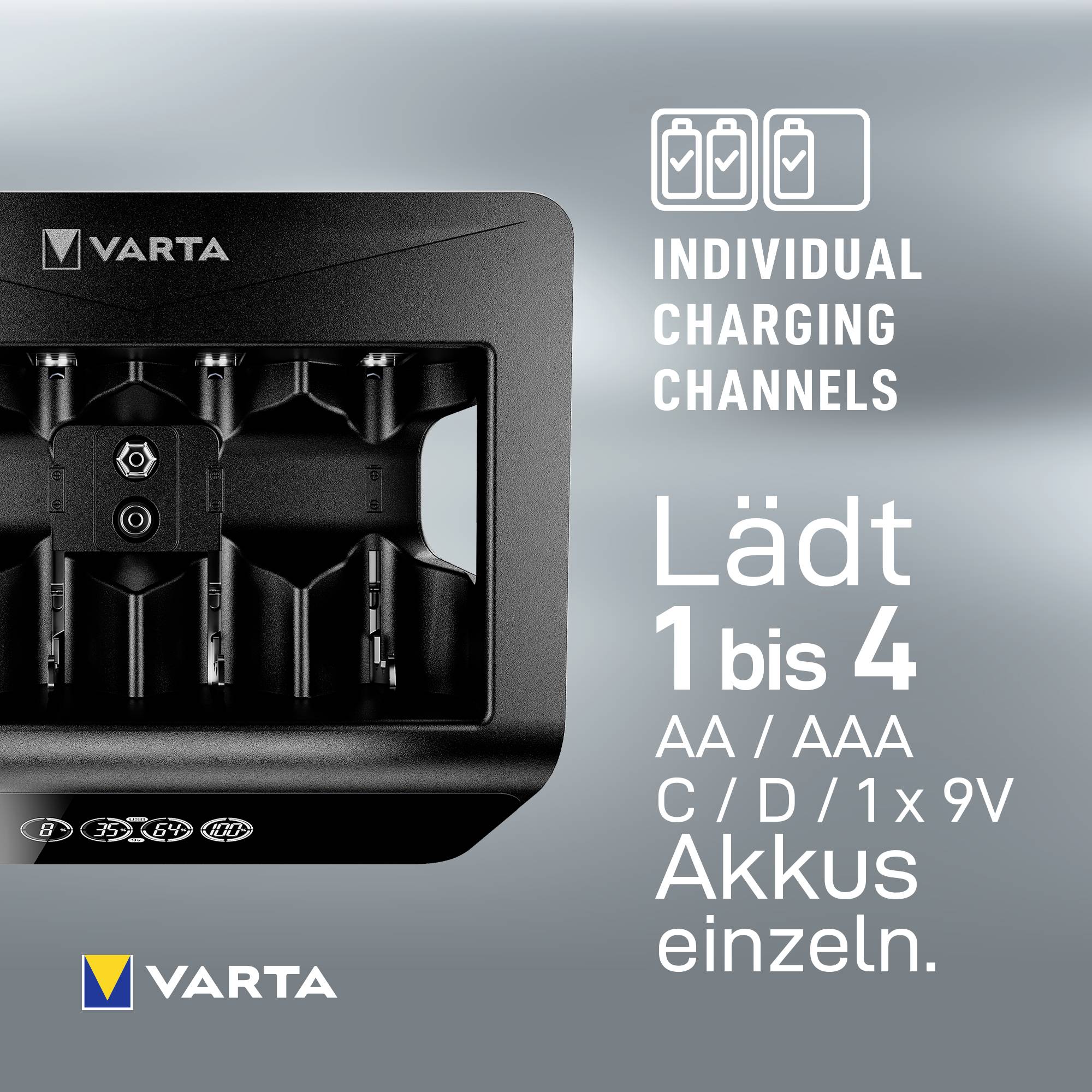 Nabíječka baterií 'VARTA Akkuladegerät' se čtyřmi samostatnými nabíjecími pozicemi. Nabíjení 1 až 4 baterií AA/AAA nebo 1x 9V. Logo nahoře vlevo, omezení vpravo.