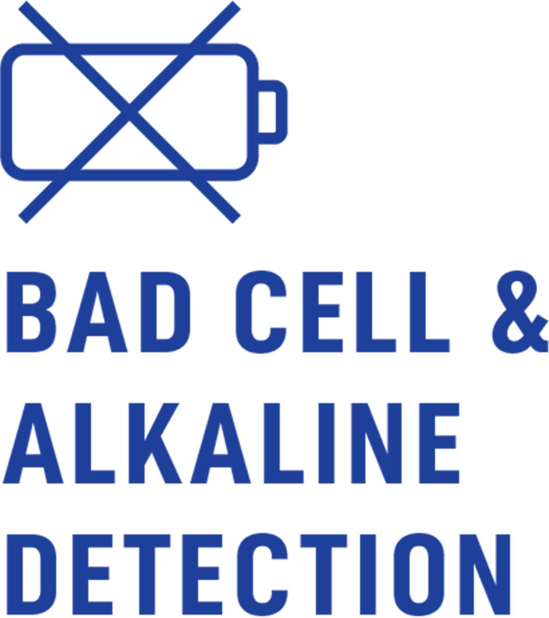 Přeškrtnutá ikona baterie nad textem "DETEKCE VADNÝCH ČLÁNKŮ A ALKALICKÝCH BATERIÍ", což signalizuje varování nebo chybu související s problematikou baterií.