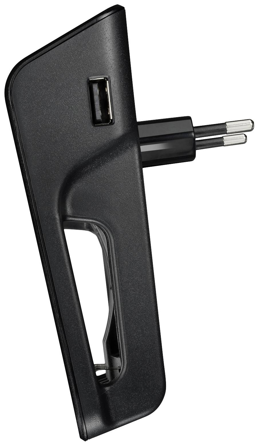 Černý adaptérový konektor s USB portem po straně, vhodný pro evropské zásuvky.