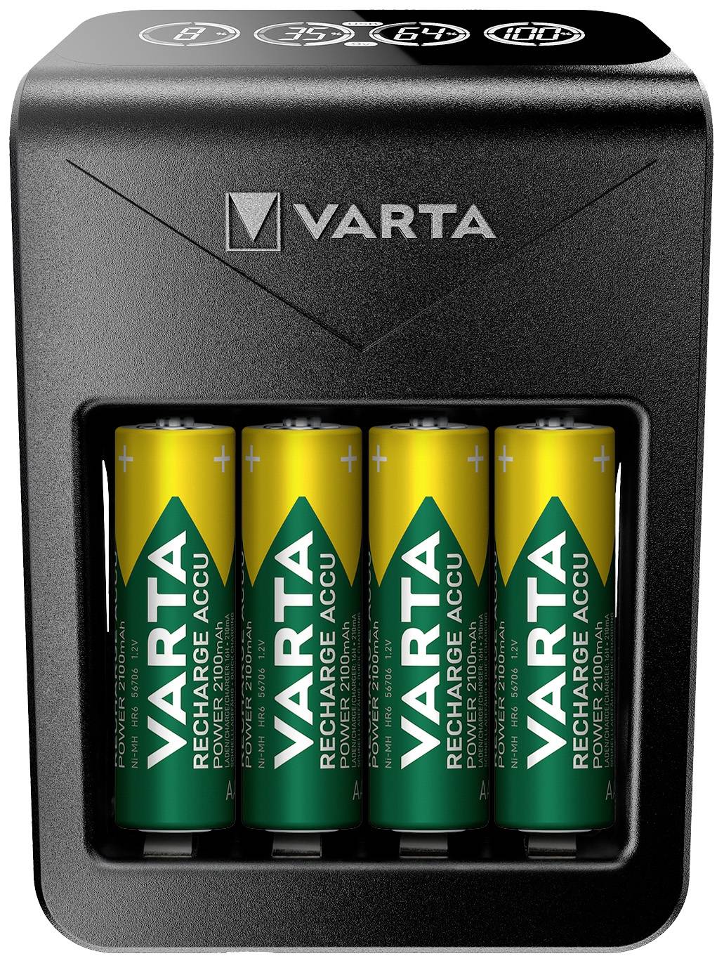 Nabíječka baterií od VARTy se čtyřmi nabitými zelenými akumulátory, na nichž je napsáno 'VARTA Recharge Accu'.