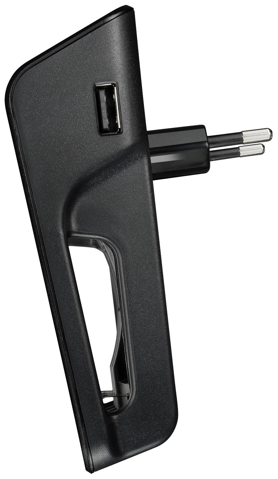 Černé elektronické zařízení s integrovanou evropskou zástrčkou a USB portem, pohled z boku, na bílém pozadí.