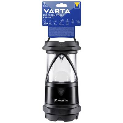 Černá, robustní lucerna Varta s 450 lumeny, vhodná do exteriéru. Obal zobrazuje výdrž baterie a detaily produktu.
