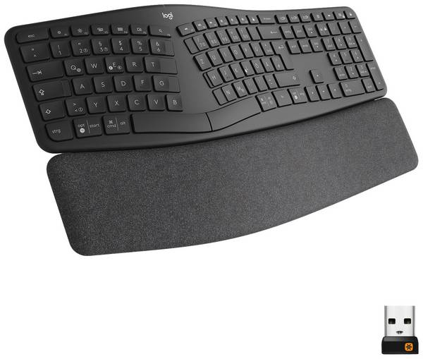 Logitech ERGO K860 bezdrátový klávesnice německá, QWERTZ černá Rozdělená klávesnice, ergonomická, podložka pod zápěstí, Odpuzují špínu