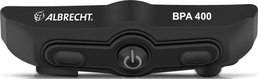 Černošedá Albrecht BPA 400 bluetooth hands-free sada s centrálním vypínačem a ovládacími tlačítky po stranách.