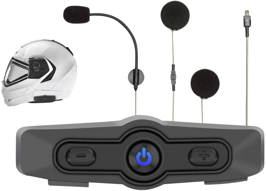 Komunikační sada pro motocyklovou helmu sestávající z helmy, mikrofonu a ovládacího panelu. Vhodná pro hands-free hovory a poslech hudby při jízdě.