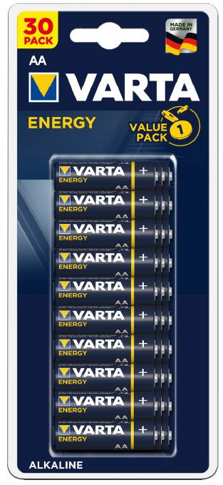Balení 30 baterií Varta AA, řada 'Energy', alkalické, vyrobené v Německu. Vhodné pro trvalé napájení.