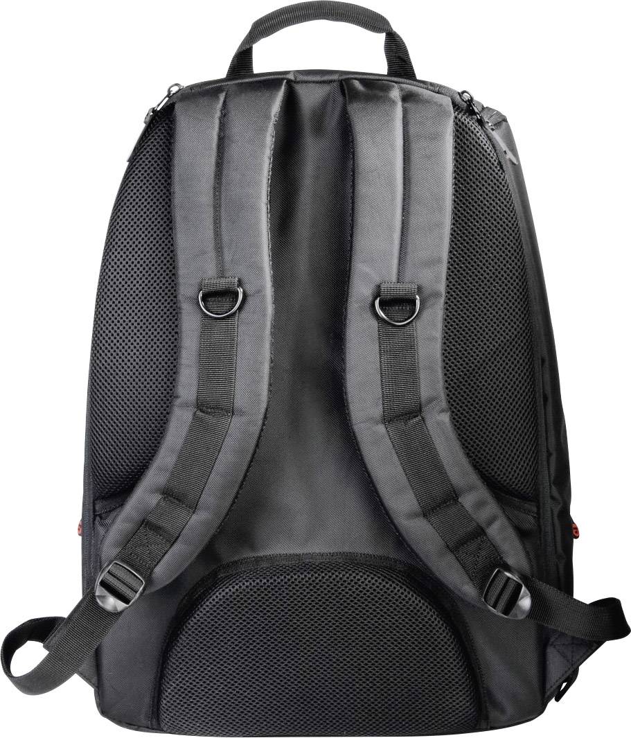 Černý batoh s polstrovanými popruhy a postranními kapsami, vhodný pro každodenní použití nebo cestování.