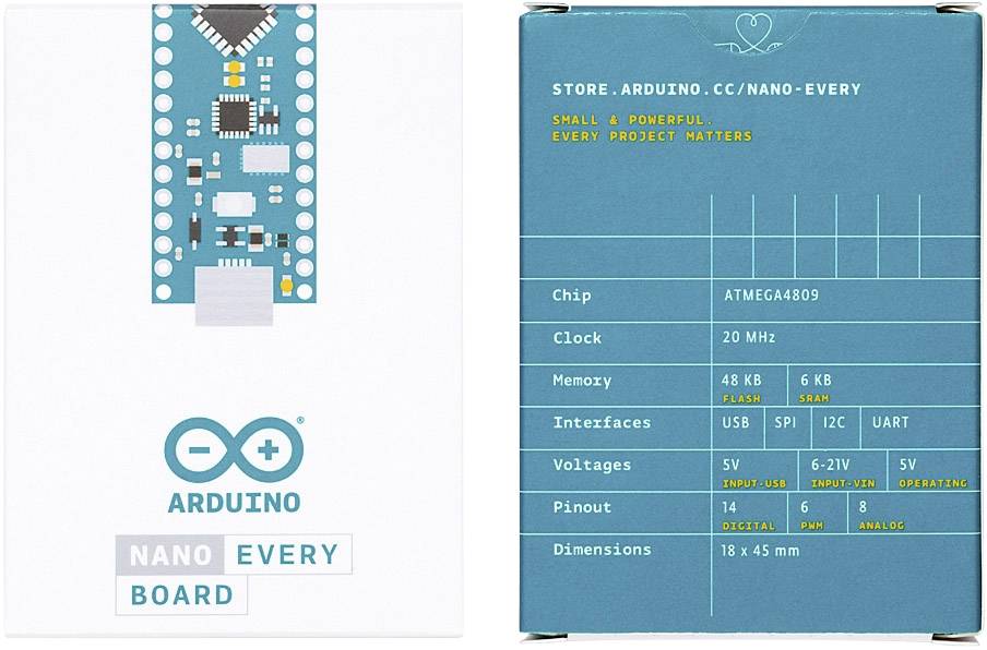 Deska ARDUINO NANO EVERY. Obal ukazuje specifikace produktu: Čip ATMEGA4809, taktovací frekvence 20 MHz, rozměry 18x45 mm, rozhraní USB, SPI, I2C, UART.