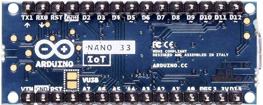 Mikroprocesorová deska 'Arduino Nano 33 IoT' s modrou deskou plošných spojů, bílými popisky a četnými konektory po celém obvodu.