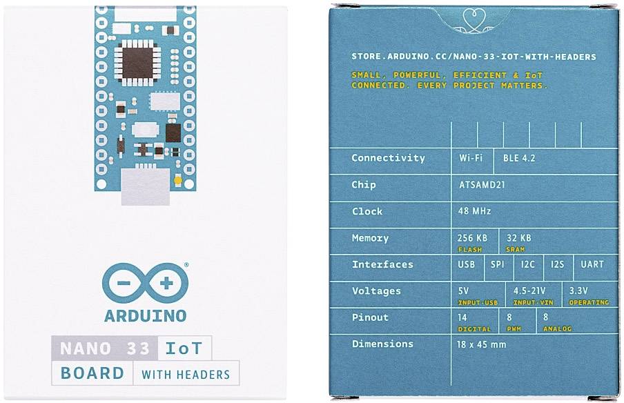 Balení desky Arduino Nano 33 IoT s pájecími lištami. Na zadní straně: specifikace jako konektivita, typ čipu, taktovací frekvence, paměť a rozhraní.