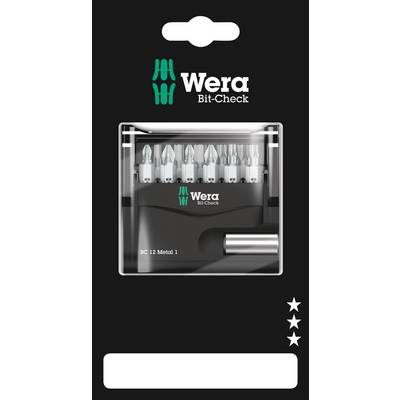 Balení sady Wera Bit-Check BC 12 Metal 1. Obsahuje různé šroubovací bity a držák.