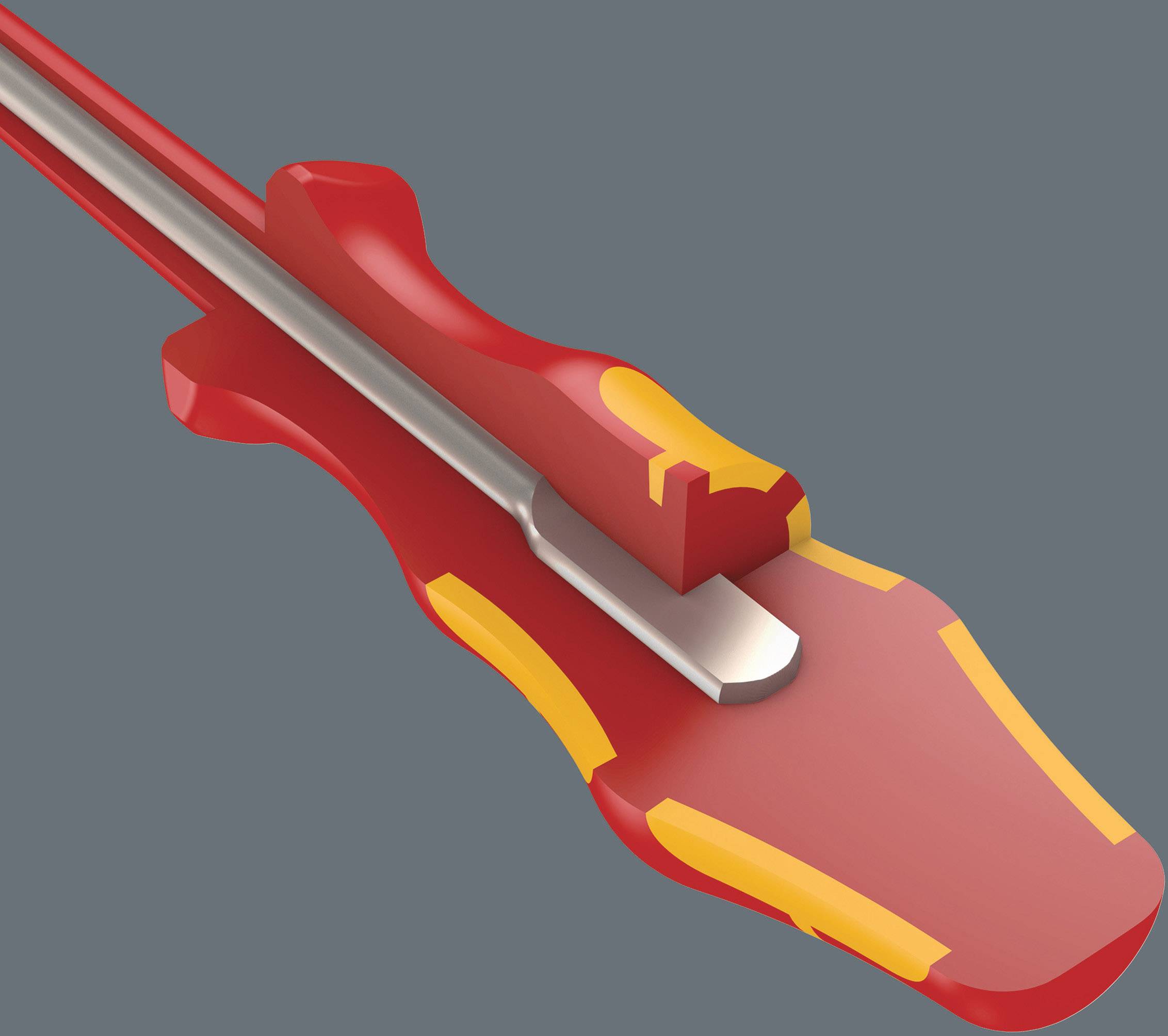 Červený, abstrahovaný model chirurgického nástroje na šedém pozadí s žlutými a stříbrnými detaily.