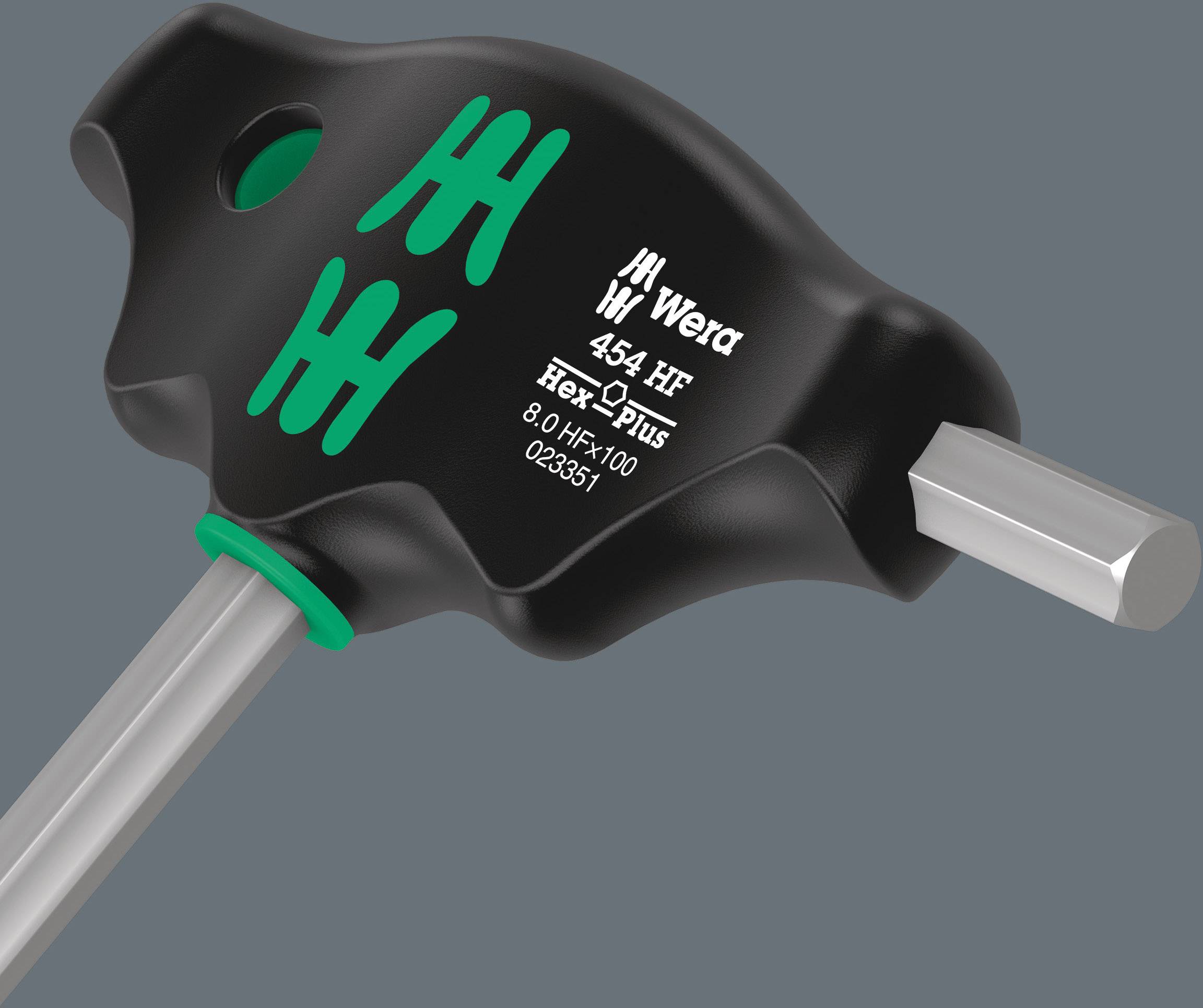 Černý úhlový šroubovák s zeleným logem Wera. Model 454 HF, velikost 8.0, typ Hex-Plus viditelný.