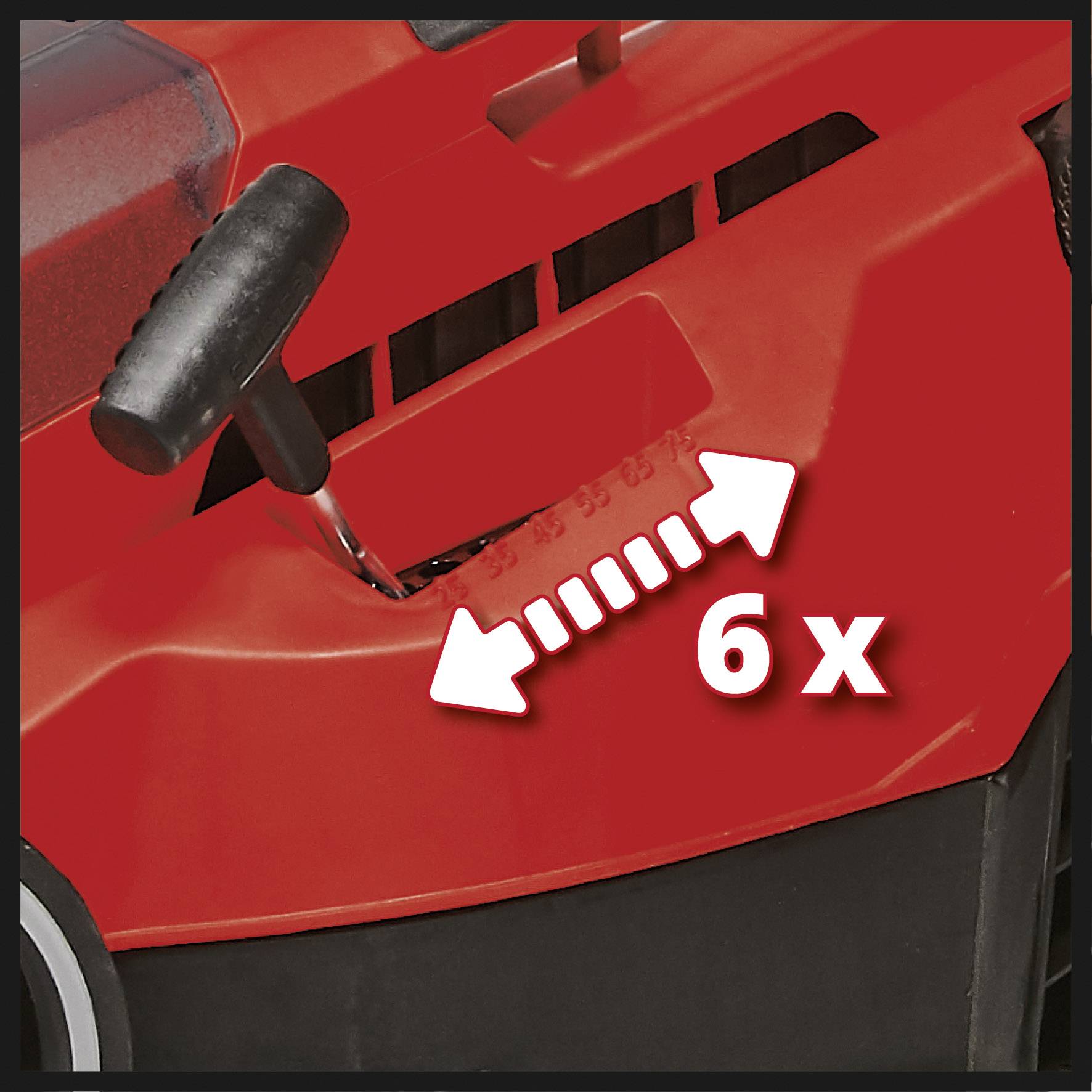 Detailní záběr červené páky s bílým nápisem '6x'. Páka může být nastavena do šesti poloh, což je znázorněno šipkami.