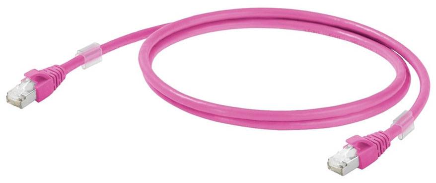 Růžový síťový kabel s dvěma RJ45 konektory leží na bílém pozadí.