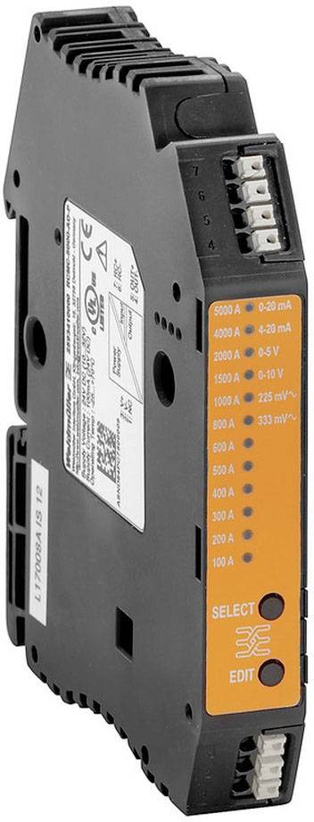 Černý elektronický modul s oranžovou stranou, na které jsou zobrazeny nastavení proudu a napětí. Nahoře a dole jsou umístěny přípojky.