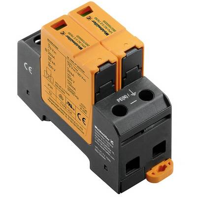 Oranžovo-černá elektrická komponenta se dvěma svorkami, s nápisem 'Weidmüller', vhodná pro napětí 150-280 V.