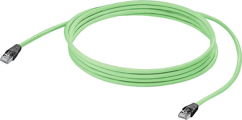 Zelený ethernetový kabel s RJ45 konektory na obou koncích, svinutý a připravený k použití v síťových spojeních.