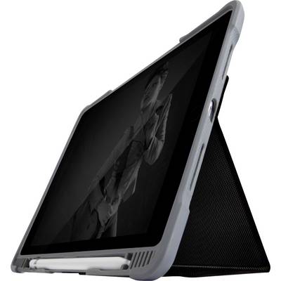 Tablet ve svislé orientaci s černobílou fotografií na obrazovce. Zařízení je umístěno v ochranném rámu na obalu.