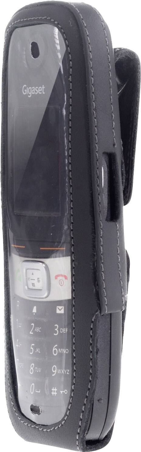 Telefon Gigaset v černém koženém pouzdře, zobrazené z pohledu shora šikmo zleva.