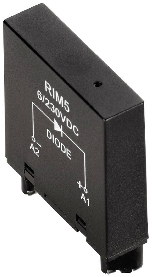 Černý reléový modul s nápisem 'RIM5 6/230VDC DIODE' a schematickým nákresem diody s kontakty A2 a A1.