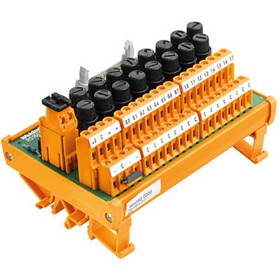 Oranžová elektrická připojovací svorkovnice s několika vstupy a výstupy, vhodná pro průmyslové zapojení kabeláže.