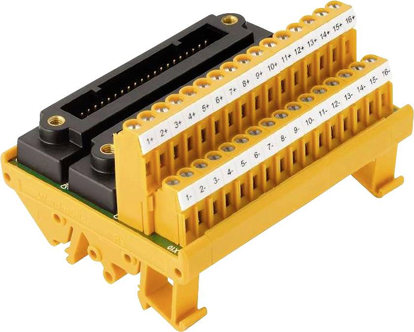 Žlutý elektrický konektor s číslovanými svorkami, používaný pro průmyslové připojení a elektrické obvody.