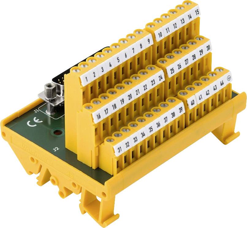 Žlutý elektrický svorkovnicový modul s víceřadým uspořádáním číslovaných svorek, vhodný pro rozvodné systémy v elektrických rozváděčích.