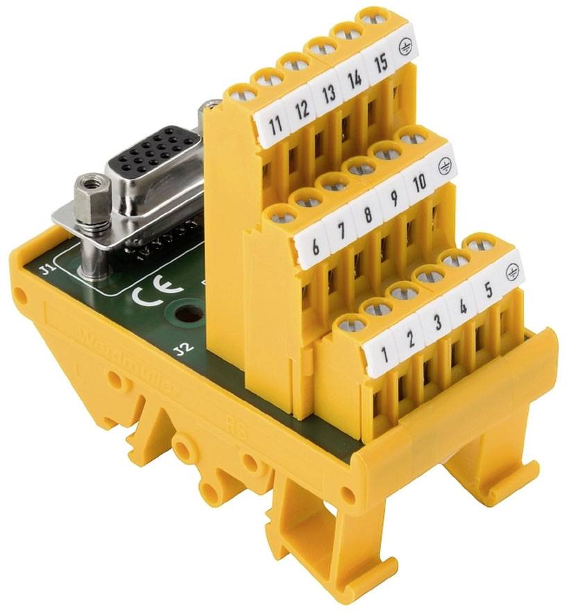 Žlutá elektrická komponenta s očíslovanými svorkami a rozhraním pro připojení. Používá se pro účely propojování v elektronice.