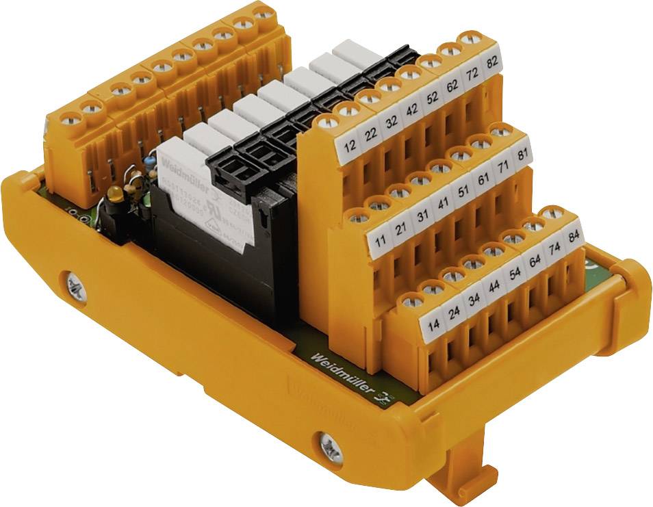 Oranžová svorkovnice s číslovanými svorkami, sloužící k organizaci a propojení elektrických vodičů.