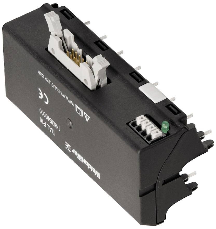 Černý elektronický modul s konektory a zelenou LED indikací. Nahoře je nápis 'Weidmüller'.