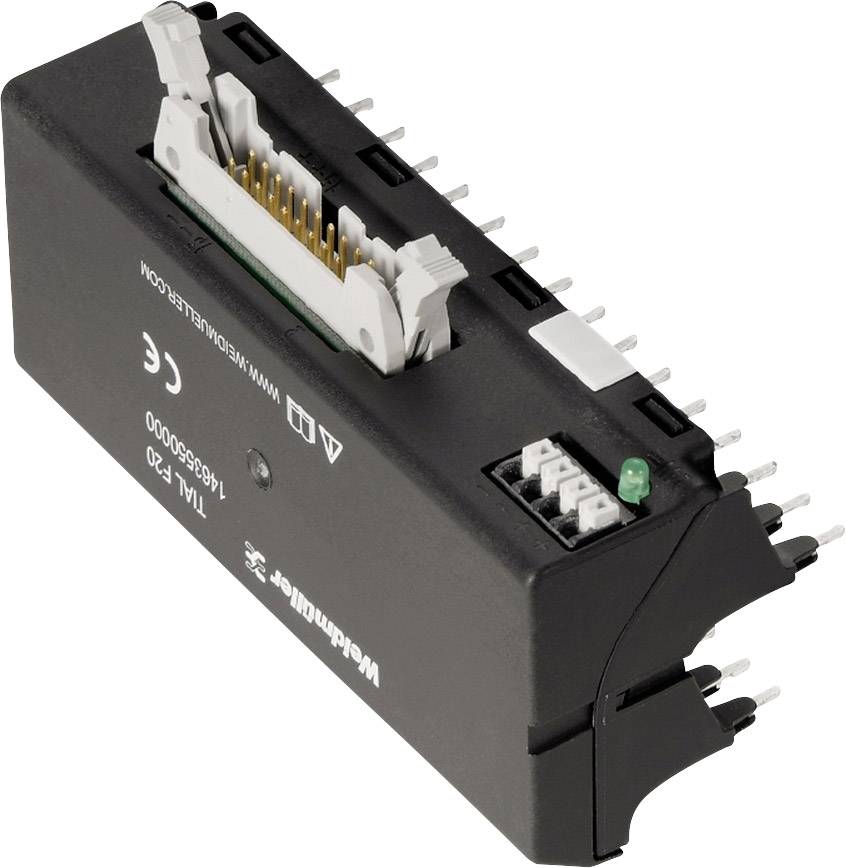 Paměťový čip pro elektronické aplikace s několika vývody a zelenou LED indikací. Označený štítkem 'Weidmüller' a technickými specifikacemi.