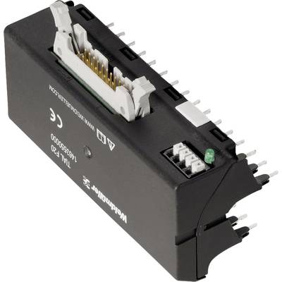 Paměťový čip pro elektronické aplikace s několika vývody a zelenou LED indikací. Označený štítkem 'Weidmüller' a technickými specifikacemi.