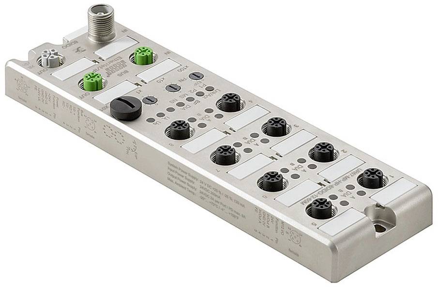 Kovový rozhraní modul s několika elektrickými přípojkami a spínači pro průmyslovou automatizaci, v obdélníkovém tvaru.