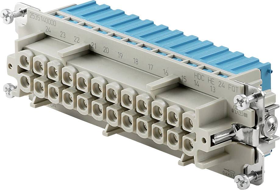 Šedý a modrý konektor s několika připojovacími svorkami, vhodný pro průmyslové aplikace a elektrická propojení.