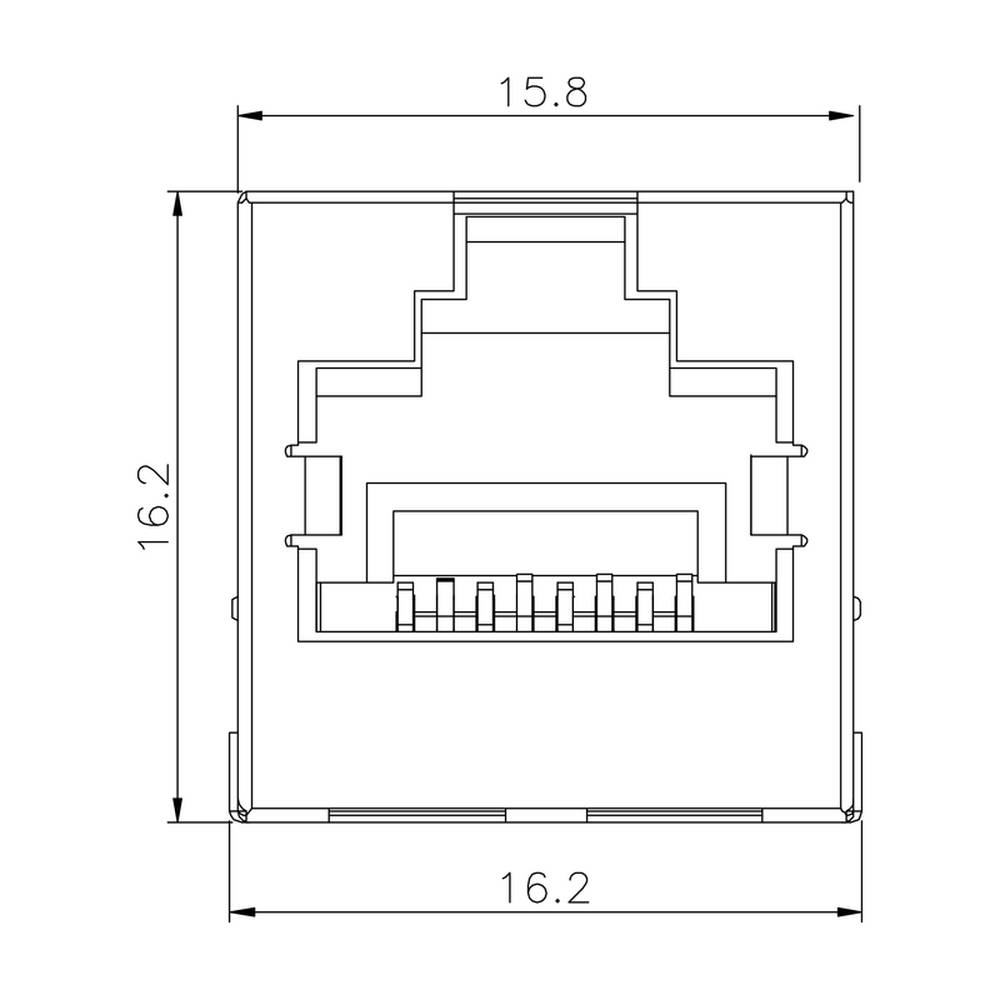 Technický výkres RJ45 zásuvky, s rozměry: šířka 15,8 mm, výška 16,2 mm. Zobrazuje přední pohled s obrysy a kontakty.