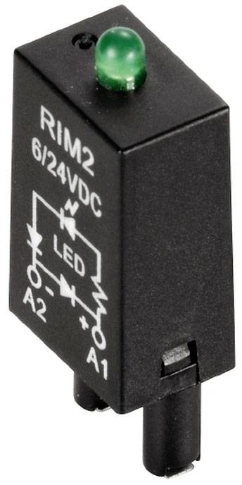 RIM2 6/24VDC LED modul se zeleným indikátorem a elektrochemickým schématem zobrazeným na přední straně.