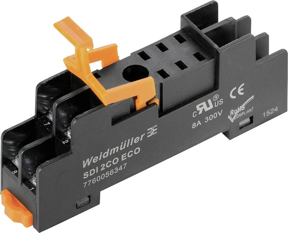 Černý Weidmüller reléový modul s oranžovou svorkou, označený "SDI 2CO ECO", certifikovaný pro 8A, 300V.