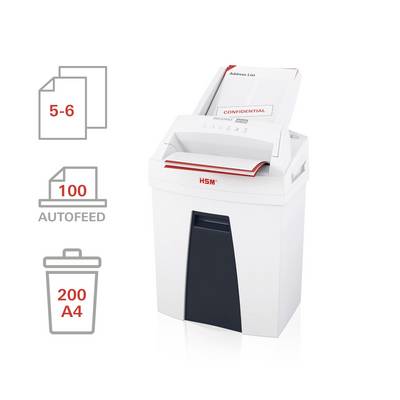 Skartovač s automatickým podavačem pro až 100 listů. Zobrazuje symboly pro počet listů a velikost sběrného koše (200 A4).