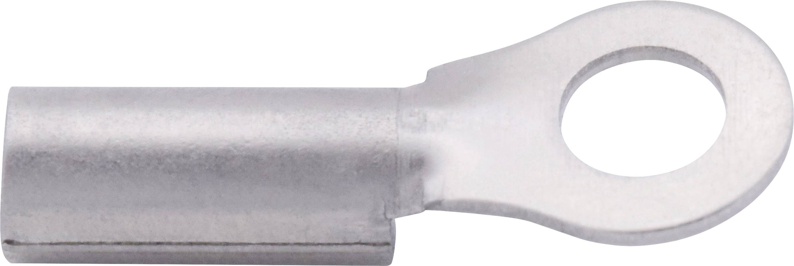 Stříbrný kabelový oko s kulatým otvorem na konci, který slouží k upevnění kabelů. Používá se především pro elektrické spoje.
